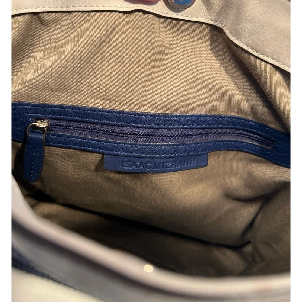 Navy & Cream Leather Satchel – Classic Buckle Detail Shoulder Tassel Bag GUC